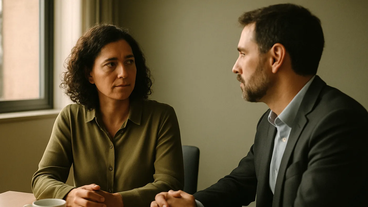Duas pessoas conversam sentadas em uma sala de reunião pequena, com luz natural