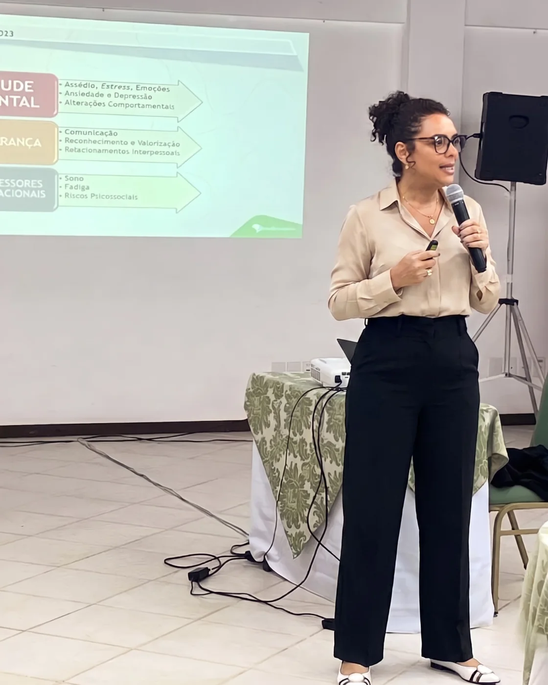 Dra. Ana Paula Teixeira apresentando slides sobre saúde mental e estressores ocupacionais
